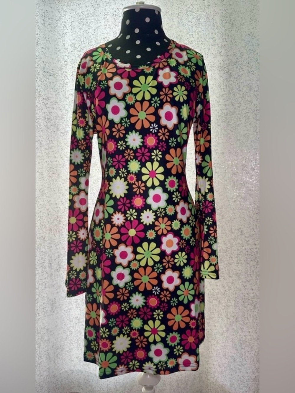 🎃 60s Floral Print Long Sleeve Women’s dress - Black with Orange & Pink Flowers